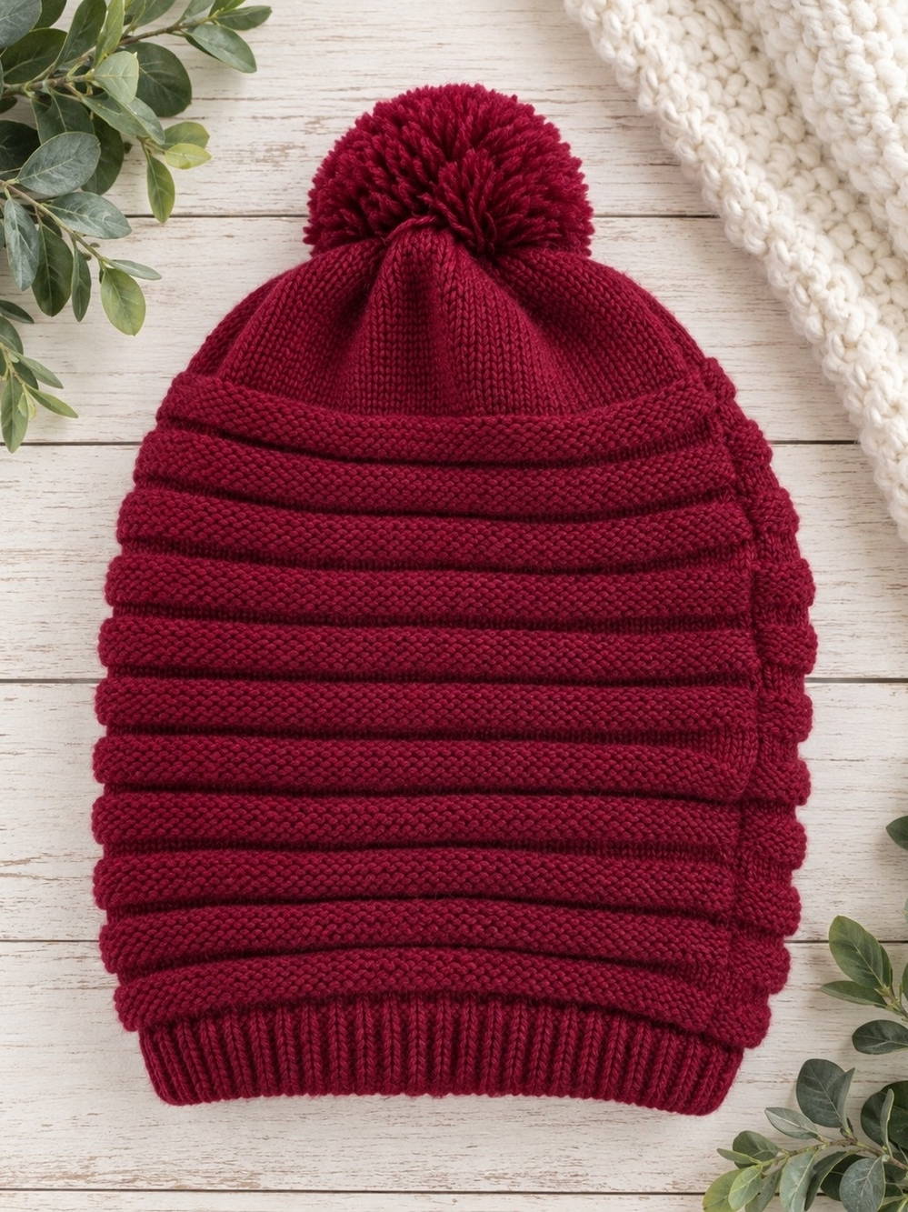 Burgundy Slouchy Knit Beanie with Pom Pom | Women's Winter Toque
Brand: Unknown